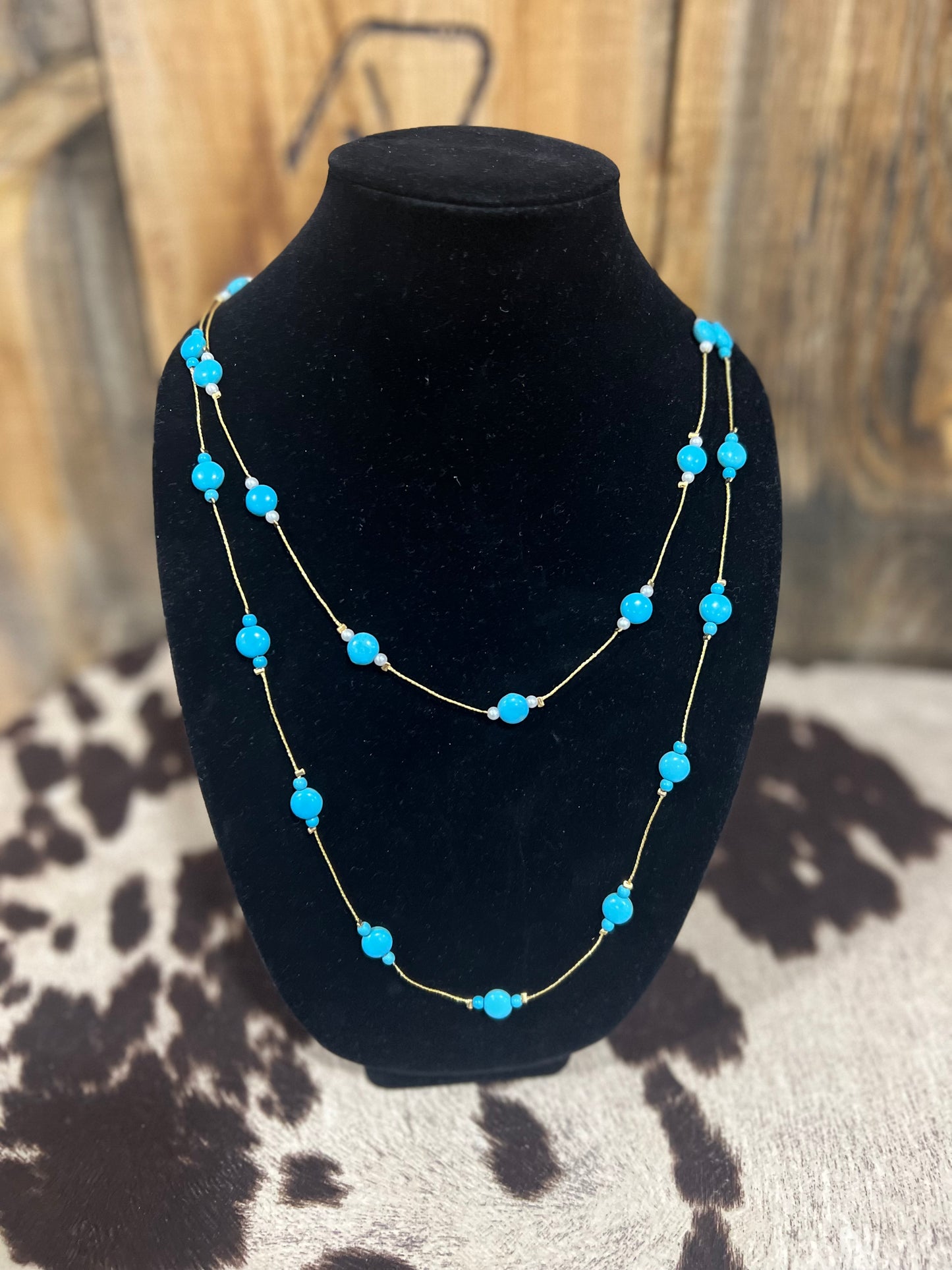 Long Pearl & Turquoise Necklace