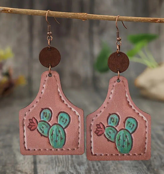 Cactus Wooden Cow Tag Earrings