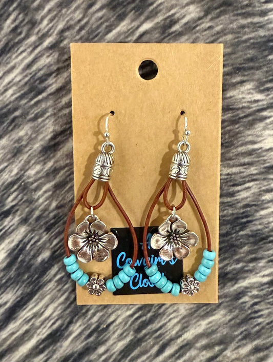 Leather & Turquoise Flower  Drop Earrings