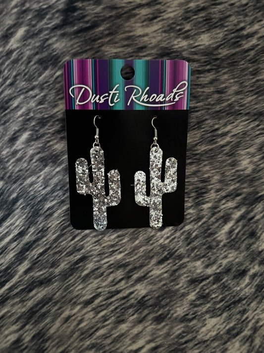 #15 Silver Glitter Cactus Earrings