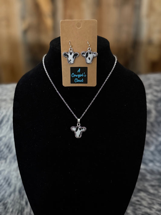 Silver Cow Necklace and Earring Set