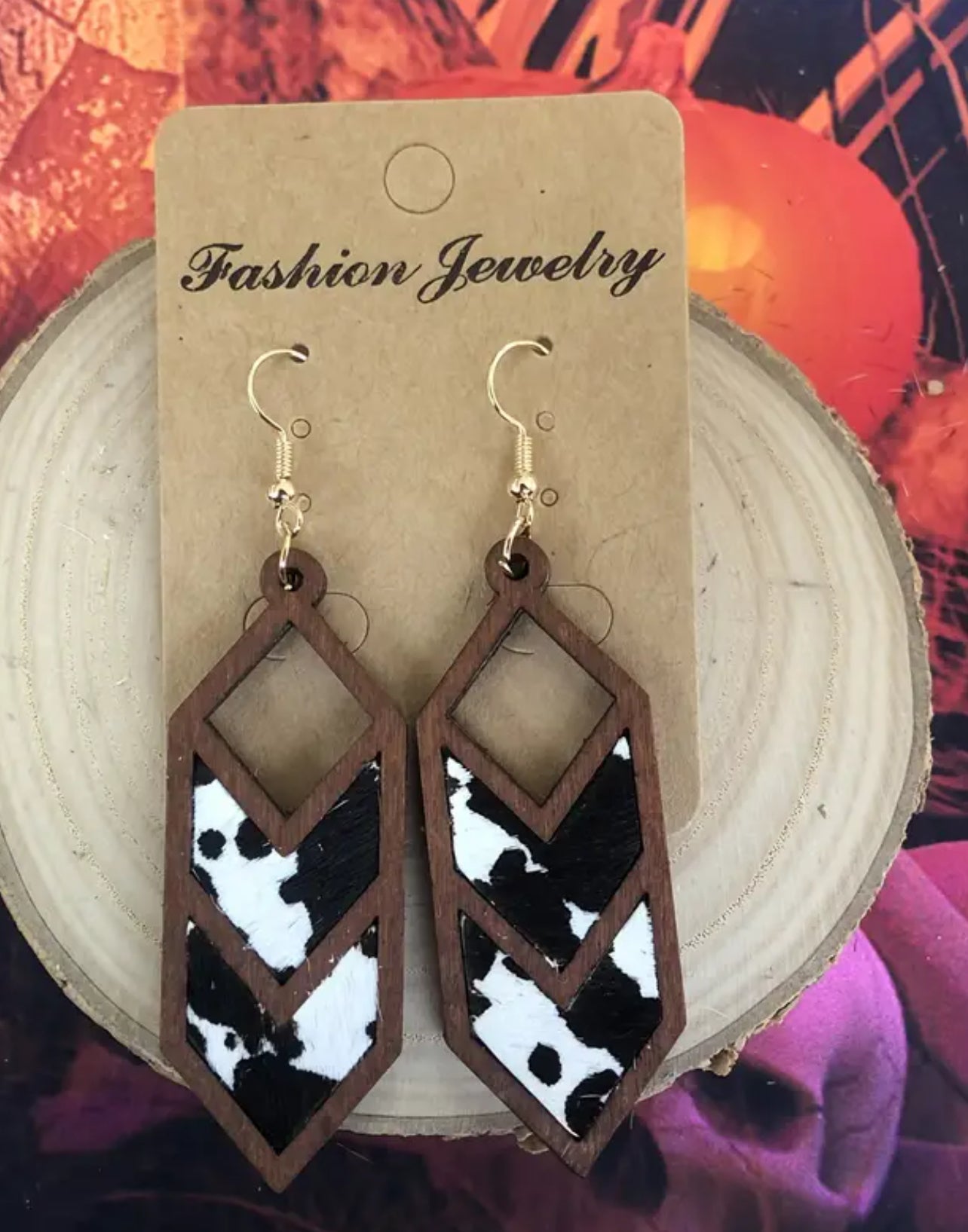 Cow Hide Wooden Earrings